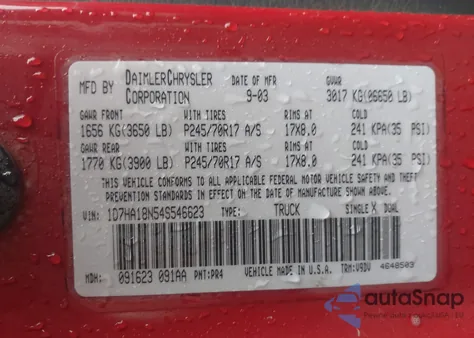 2004 Dodge Ram 1500 Slt/Laramie из США, поврежденный, VIN 1D7HA18N54S546623